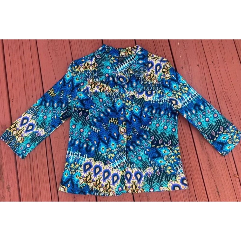 Mirror Image Lightweight Blue Multi Ikat Aztec Print Button Up Jacket Petite Med